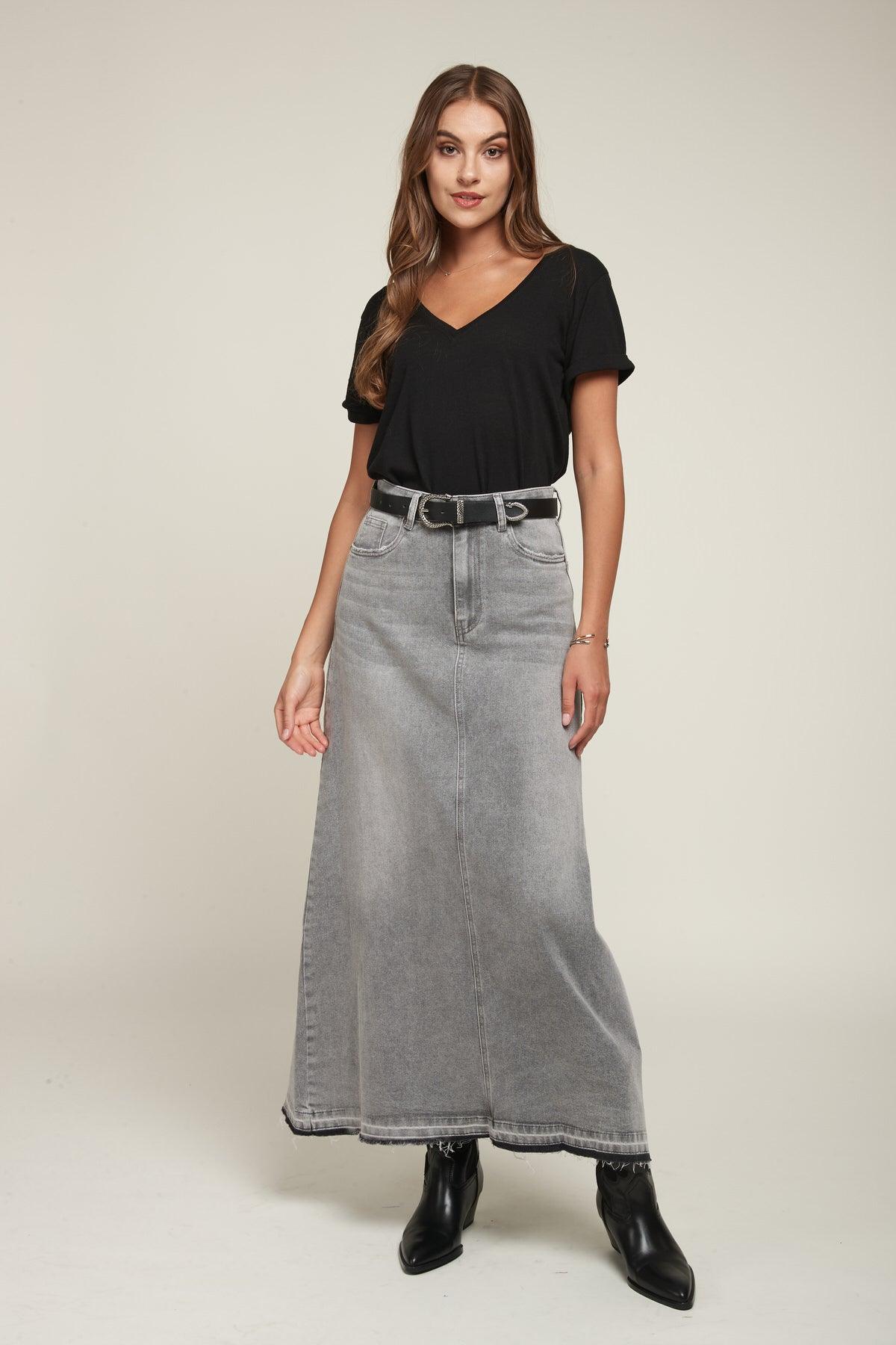 Long flared jean skirt best sale