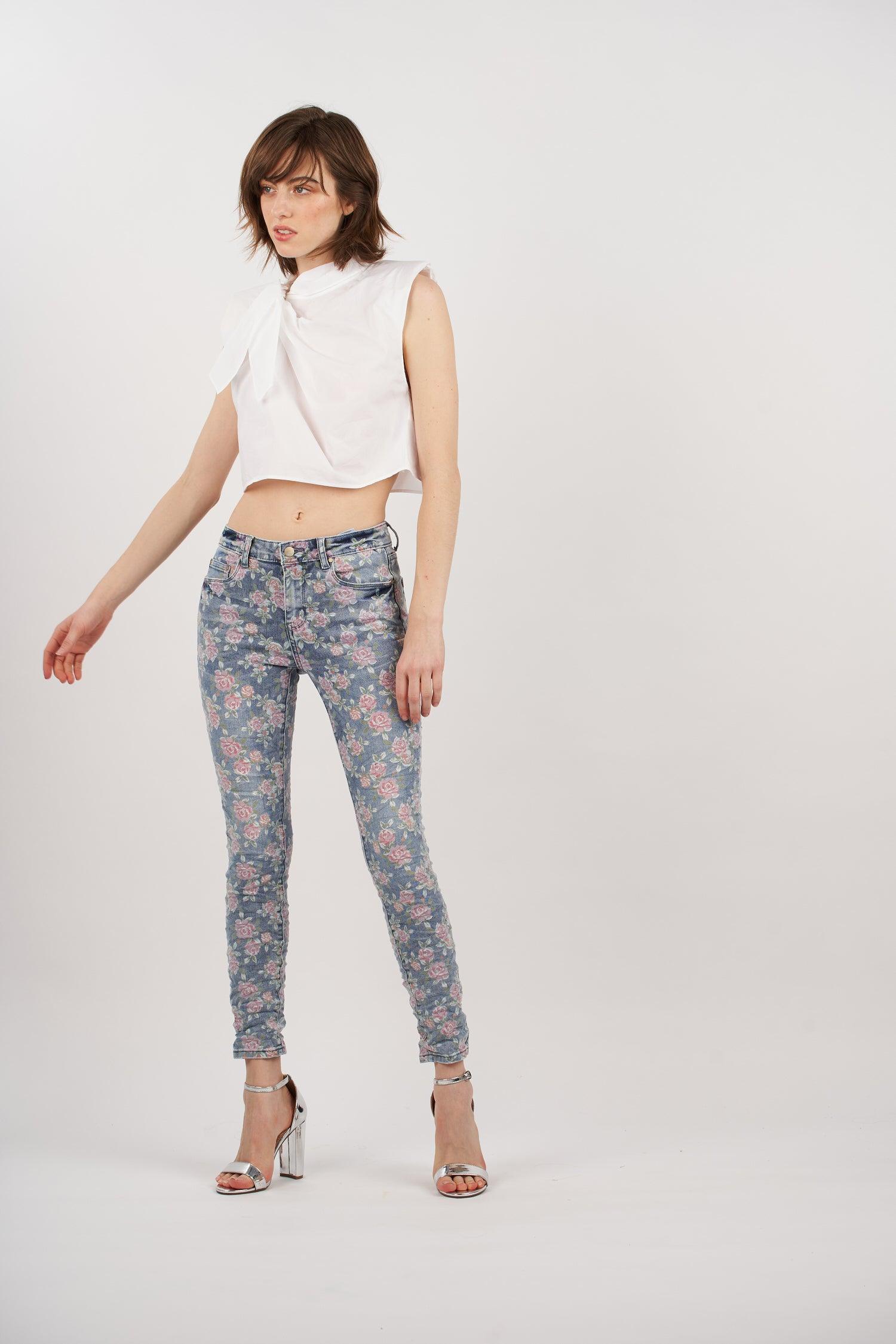 Flowered jeans sales